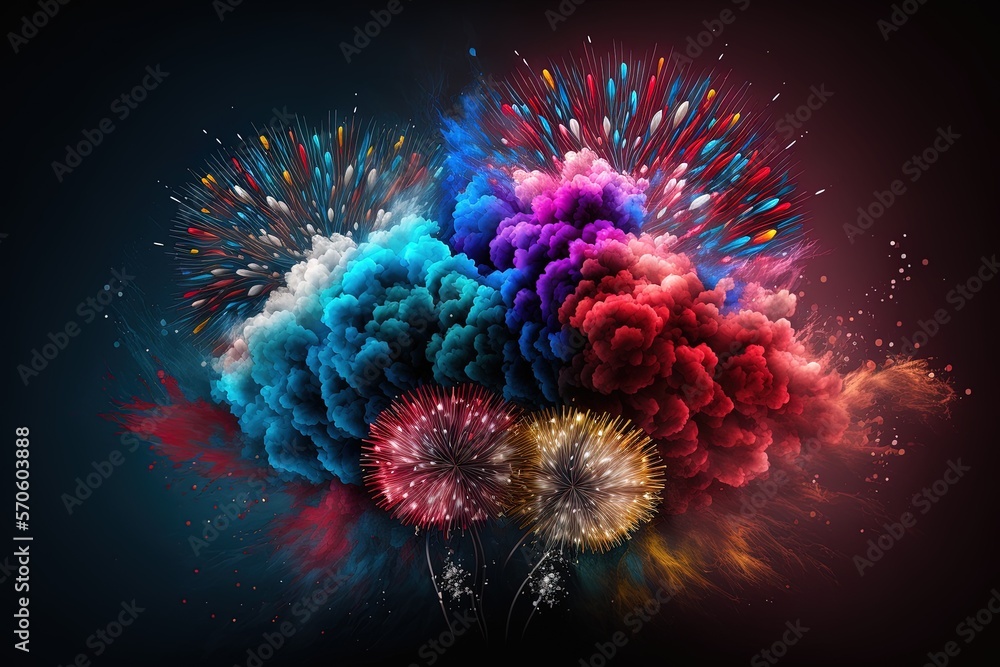 Poster illustration of a holiday party with fireworks and pyrotechnics that are both vivid and realistic ge