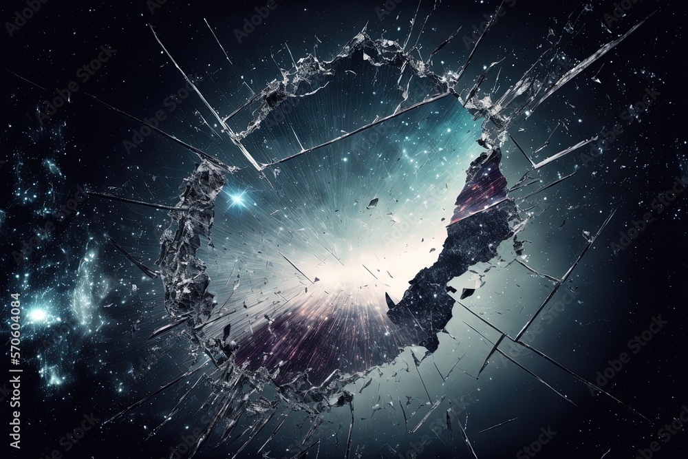 Poster a backdrop of shattered glass in outer space for use as a design element generative ai
