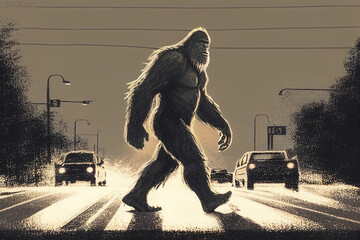 Sighting of bigfoot crossing the road - obrazy, fototapety, plakaty