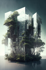 3d rendering of a very high highly detailed, futuristic, skyscraper with trees and nature inside