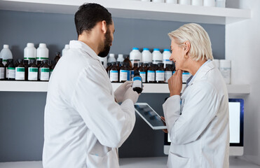 Science, medicine and team with tablet in laboratory for vaccine, medical report and research....