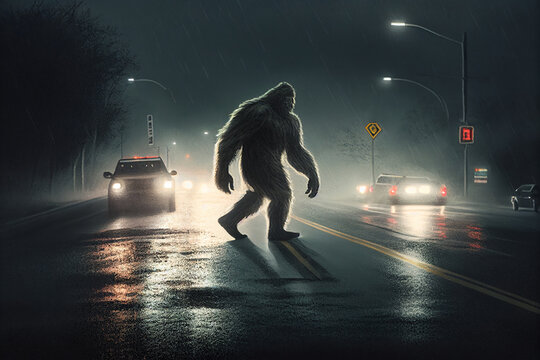 Sasquatch Crossing The Street At Night - Art Created With Generative AI