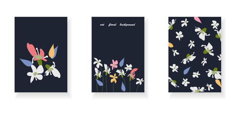 Obraz na płótnie Canvas Set of cover template with hand-drawn flowers. Abstract colorful flowers on dark blue background. For printing on covers, banners, sales, flyers. modern design. Vector.