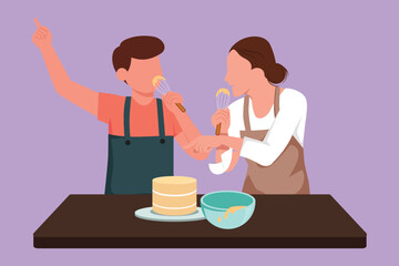 Fototapeta na wymiar Cartoon flat style drawing happy romantic couple singing while cooking sweet cake together, using spatula as microphones. Cheerful man and woman working at kitchen. Graphic design vector illustration