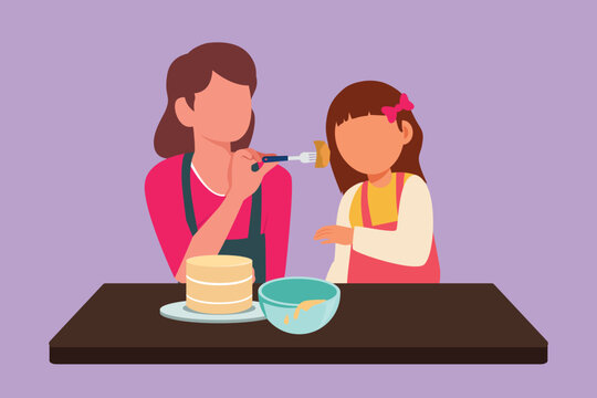 Graphic flat design drawing happy daughter tasting food given by her beautiful mother. Cheerful mom and little kid cooking for lunch together in cozy kitchen at home. Cartoon style vector illustration
