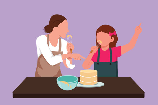 Character flat drawing cheerful mom and little daughter singing while cooking sweet cake together, using spatula as microphones. Happy mother and child at kitchen. Cartoon design vector illustration