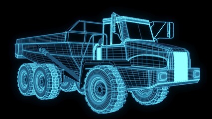 3D rendering illustration excavator blueprint glowing neon hologram futuristic show technology security for premium product business finance  
