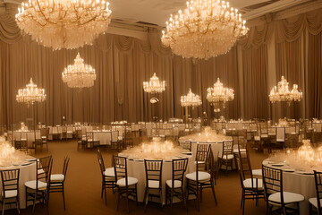 A grand ballroom with elegant chandeliers and mirrors - obrazy, fototapety, plakaty