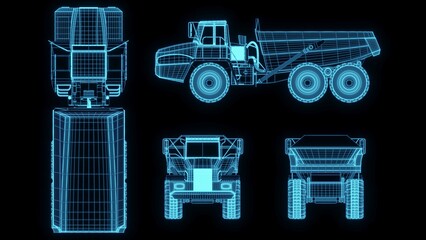 3D rendering illustration excavator blueprint glowing neon hologram futuristic show technology security for premium product business finance  