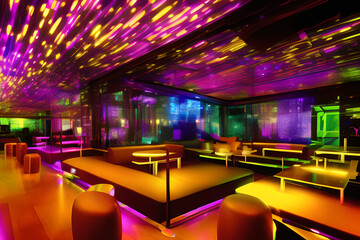 A chic nightclub with colorful lighting and a packed dancefloor