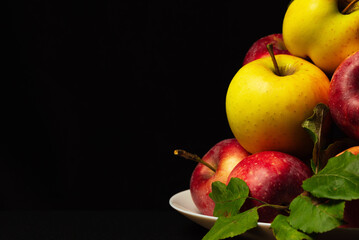 Freshly picked different sorts of apples in a white plate