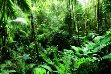 A lush rainforest with exotic wildlife