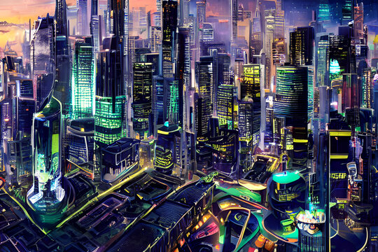 A futuristic city with flying cars and towering skyscrapers