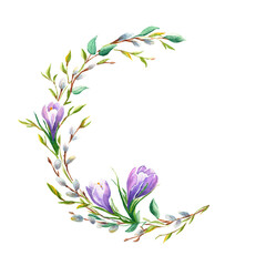 Easter floral wreath with spring crocus and willow branches. Watercolor hand drawn illustration. Perfect for cards, posters, festive designs.