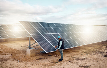 Engineering man, desert and solar panels inspection for future, renewable energy and sustainability...