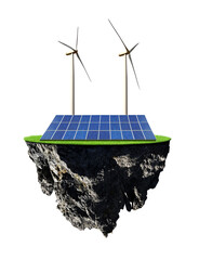 Small island with solar energy panel and wind turbines isolated on transparent background, PNG. Clean energy concept.	