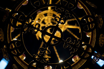 Ancient chandelier in Temple. Golden chandelier in church. Interior of beautiful building.
