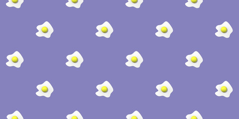 pattern. Image of chicken egg on pastel blue purple backgrounds. Egg with round yolk. Surface overlay pattern. 3D image. 3D rendering. Horizontal image. Banner for insertion into site.