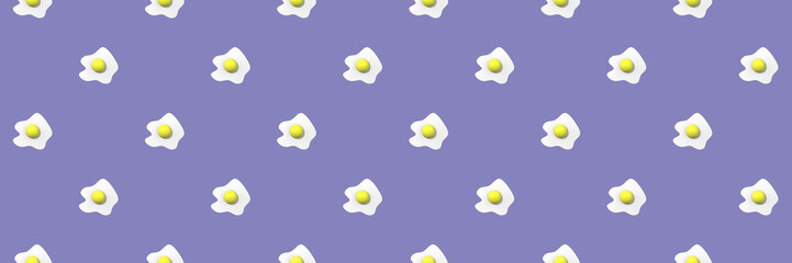 pattern. Image of chicken egg on pastel blue purple backgrounds. Egg with round yolk. Surface overlay pattern. 3D image. 3D rendering. Horizontal image. Banner for insertion into site.