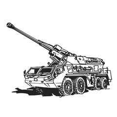 Self-propelled artillery hand graphic drawing. Military equipment