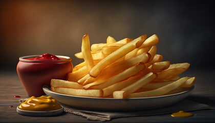 French fries with a side of ketchup and mustard, created using ai