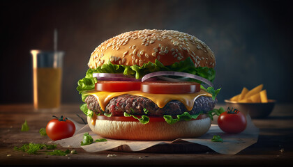 Juicy hamburger with drink, created using ai