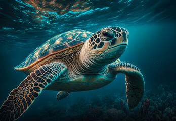 Naklejka na ściany i meble turtle swimming in the sea created with Generative AI technology