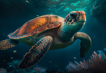 Fototapeta premium turtle swimming in the sea created with Generative AI technology