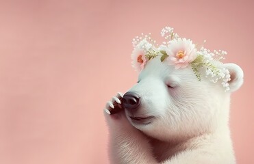 cute bear flower wreath on a head, generative Ai