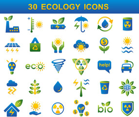 30 color icons. Ecology, environmental protection and weather vector icon set