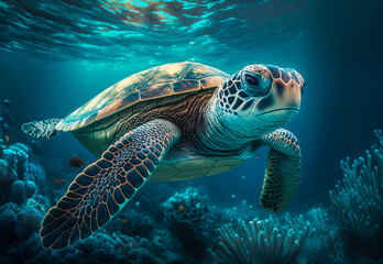Fototapeta premium turtle swimming in the sea created with Generative AI technology