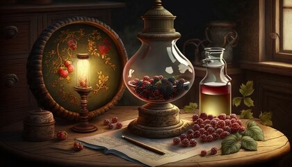 Witch's room. Magic lamp, candle and berries for ritual. Generated by AI