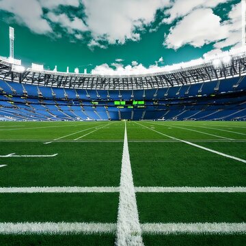 Green field at the American football stadium, ready to play in the center of the field, generated in AI