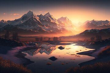 Fototapeta na wymiar Sunrise with Alps in the Background - Alps Wallpapers Series - Sunrise Alps background wallpaper created with Generative AI technology