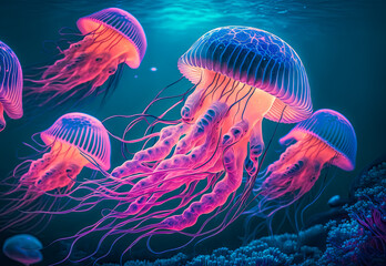 jellyfish in the sea created with Generative AI technology - obrazy, fototapety, plakaty