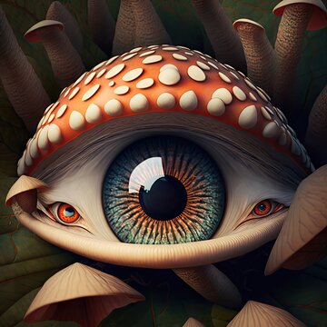 Mushrooms with Big Eye, Fantastic Looking Fungus, Watching Mushroom, Generative AI Illustration