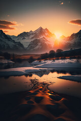 Naklejka na ściany i meble Sunrise with Alps in the Background - Alps Wallpapers Series - Sunrise Alps background wallpaper created with Generative AI technology