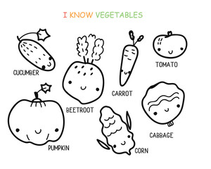 I know vegetables matching activity for children, coloring page,  Educational game for kids homeschooling. Find and count printable worksheet - 570609617