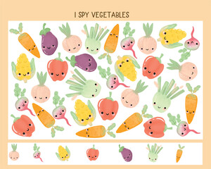I spy vegetables matching activity for children. . Educational game for kids homeschooling. Find and count printable worksheet