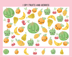 I spy fruits and berries matching activity for children. . Educational game for kids homeschooling. Find and count printable worksheet - 570609638