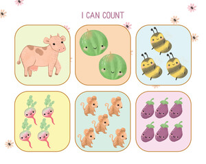 Farm animals count activity for children. . Educational game for kids homeschooling, printable worksheet - 570609643