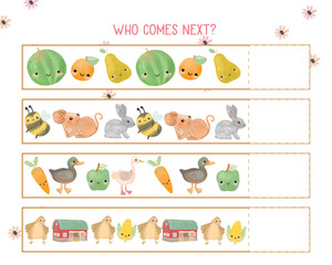Farm animals, fruits and vegetables logic game, who comes next,  activity for children. . Educational game for kids homeschooling, printable worksheet - 570609650