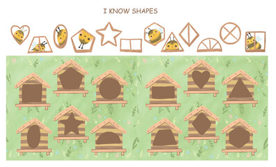 I know shapes game for kids with funny cartoon bees and beehive with windows of different geometric shapes - 570609674