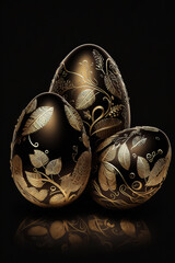 Easter banner with golden eggs and napkin on dark black background. Top view, Generative ai
