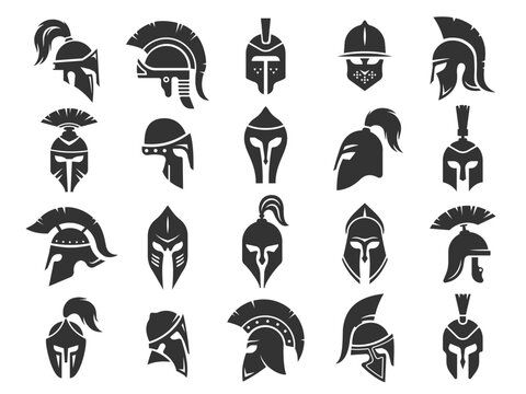 Spartan black helmets. Ancient roman gladiator headgear protection, monochrome silhouettes of medieval classical greek soldier war equipment. Vector set