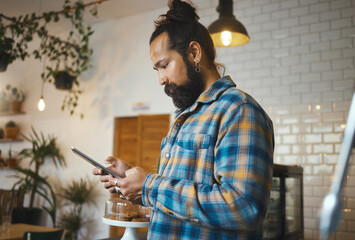 Social media, search or cafe man with tablet for networking or company blog content review. Focus,...