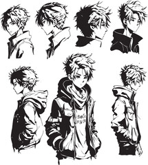 Illustration cool and calm boy vector sketch line art