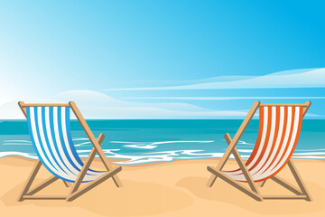 Beautiful summer background with beach. Beach, Sea, Palm Trees. Vector Background. Beach Chair. A girl in a red swimsuit on the beach