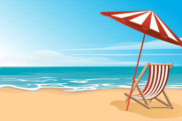 Beautiful summer background with beach. Beach, Sea, Palm Trees. Vector Background. Beach Chair. A girl in a red swimsuit on the beach