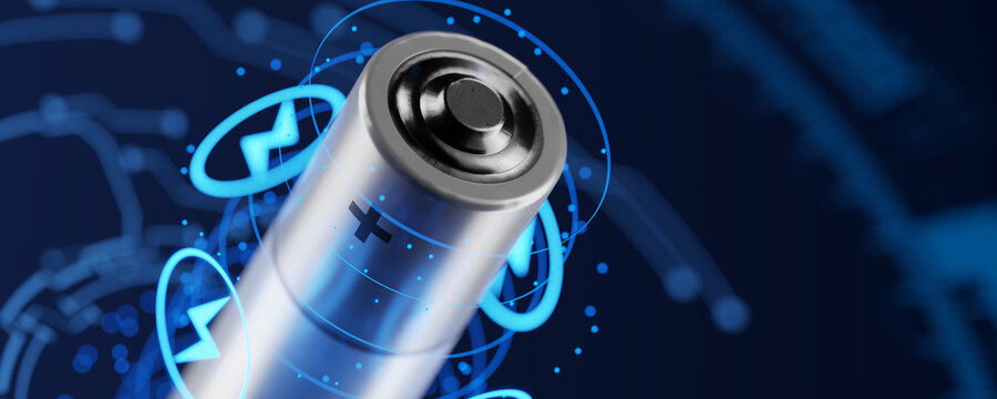 Battery close-up. Battery for electric vehicles. battery fast charging concept. AA batteries. 3D render.